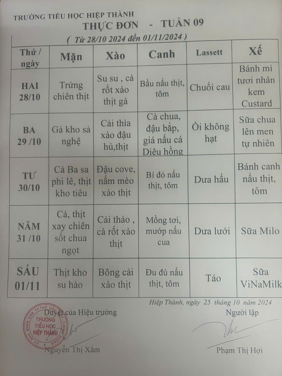 Thực đơn tuần 9