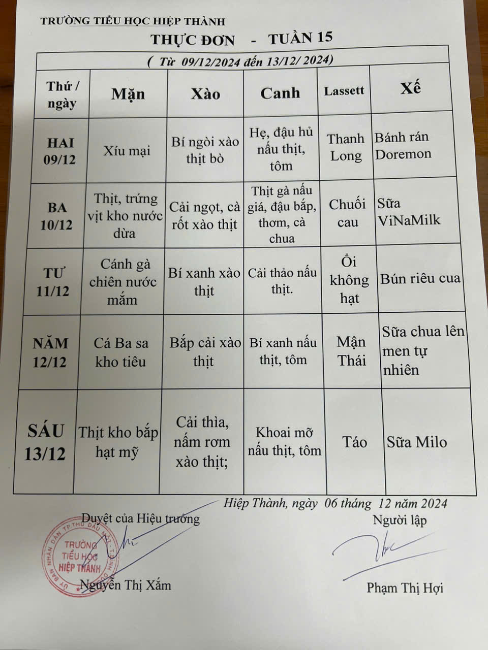 Thực đơn tuần 15